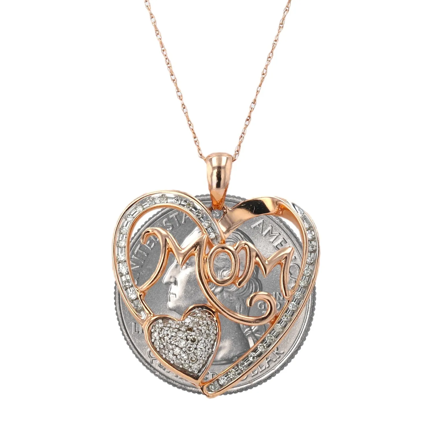 10K Rose gold Mom double diamond heart Necklace-15896