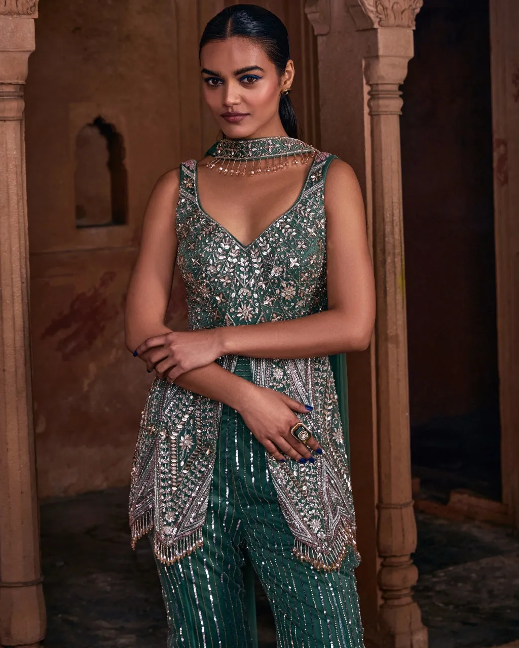 Elegant Belle Sage Green Embroidered Peplum Top and Skirt Set