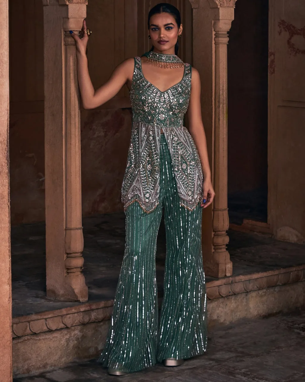 Elegant Belle Sage Green Embroidered Peplum Top and Skirt Set