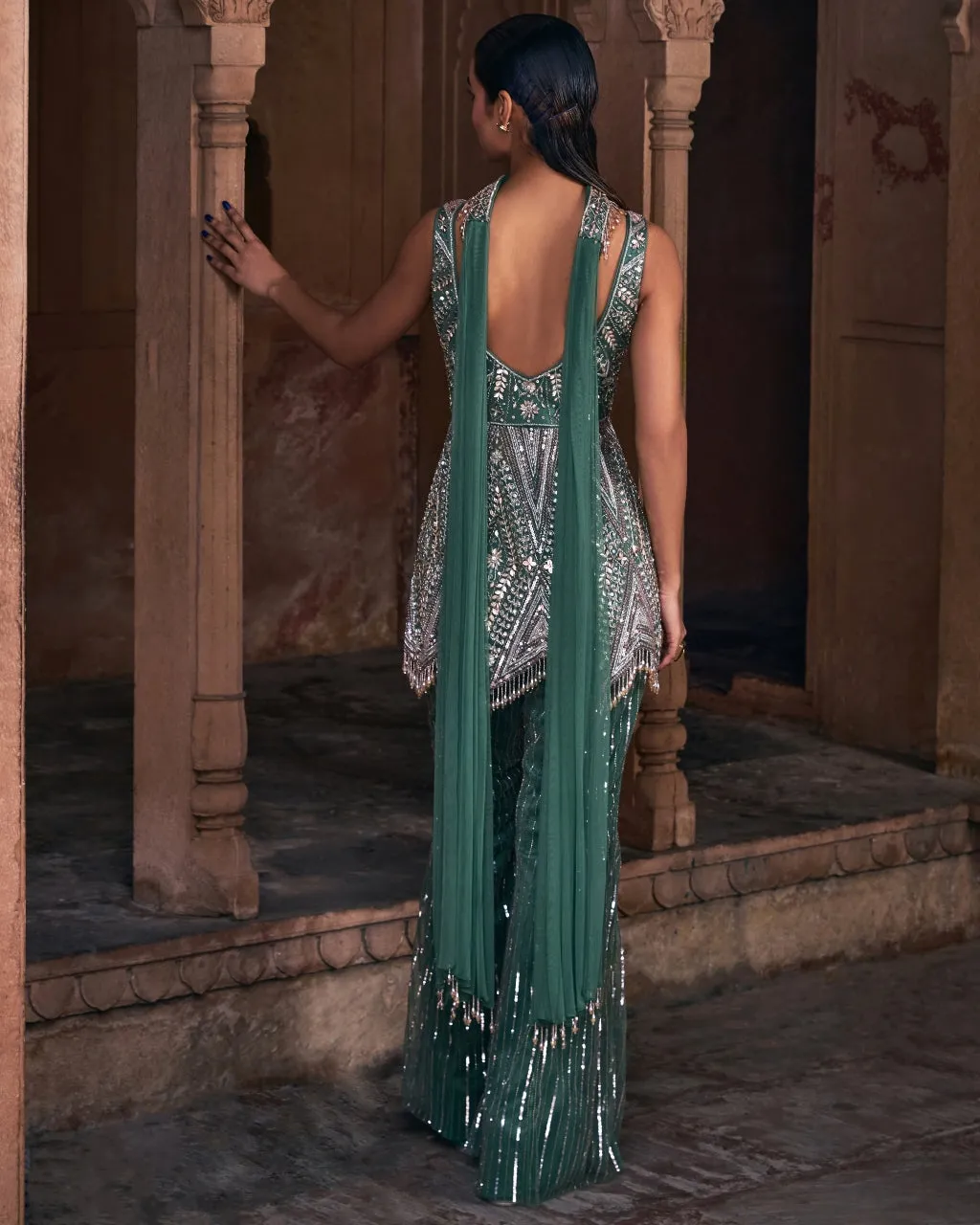 Elegant Belle Sage Green Embroidered Peplum Top and Skirt Set