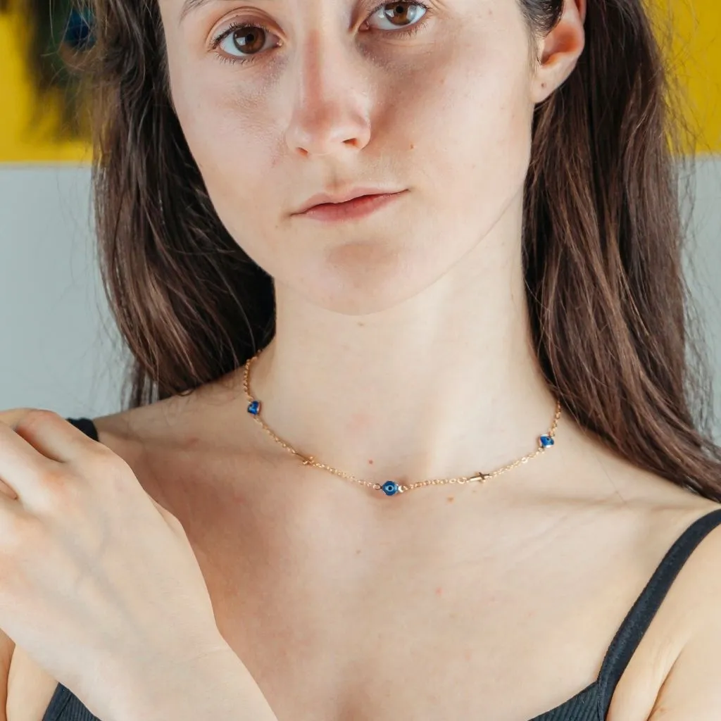 Blue Evil Eye Sideways Cross Christian Minimalist Choker Dainty Necklace