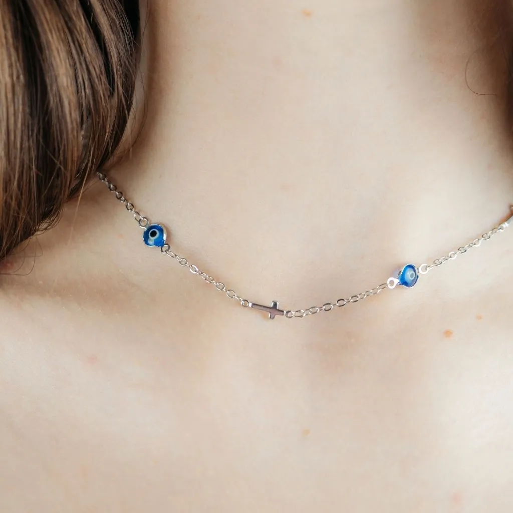 Blue Evil Eye Sideways Cross Christian Minimalist Choker Dainty Necklace