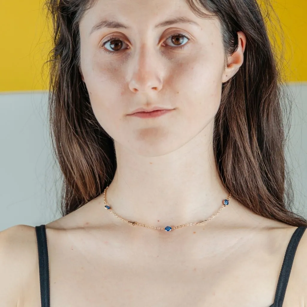 Blue Evil Eye Sideways Cross Christian Minimalist Choker Dainty Necklace