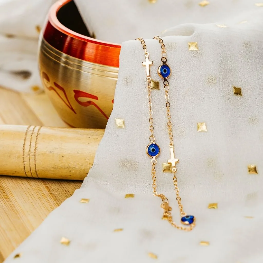 Blue Evil Eye Sideways Cross Christian Minimalist Choker Dainty Necklace