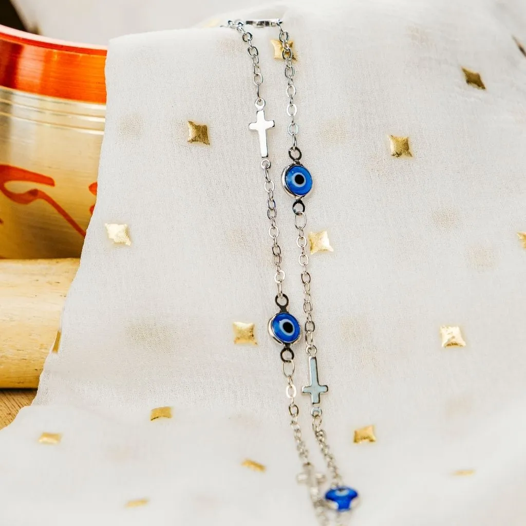 Blue Evil Eye Sideways Cross Christian Minimalist Choker Dainty Necklace