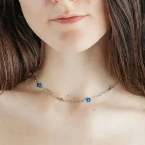 Blue Evil Eye Sideways Cross Christian Minimalist Choker Dainty Necklace