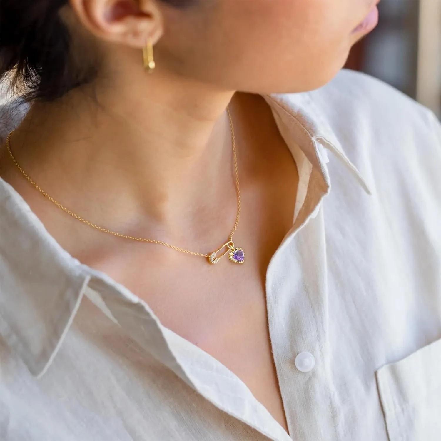 Choistily Safety Pin Necklace Birthstone for Women - Gold Pendant Dainty Necklace for January March June - Gifts for Women