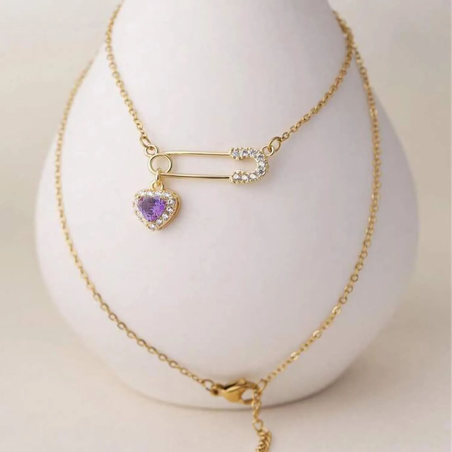 Choistily Safety Pin Necklace Birthstone for Women - Gold Pendant Dainty Necklace for January March June - Gifts for Women
