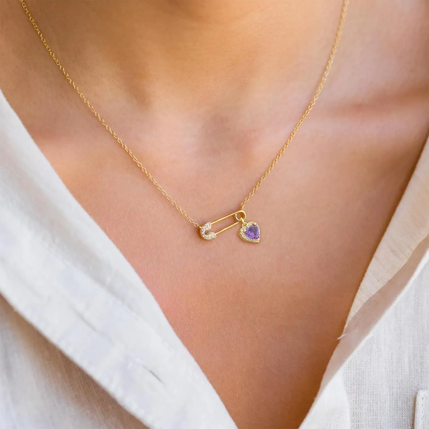 Choistily Safety Pin Necklace Birthstone for Women - Gold Pendant Dainty Necklace for January March June - Gifts for Women