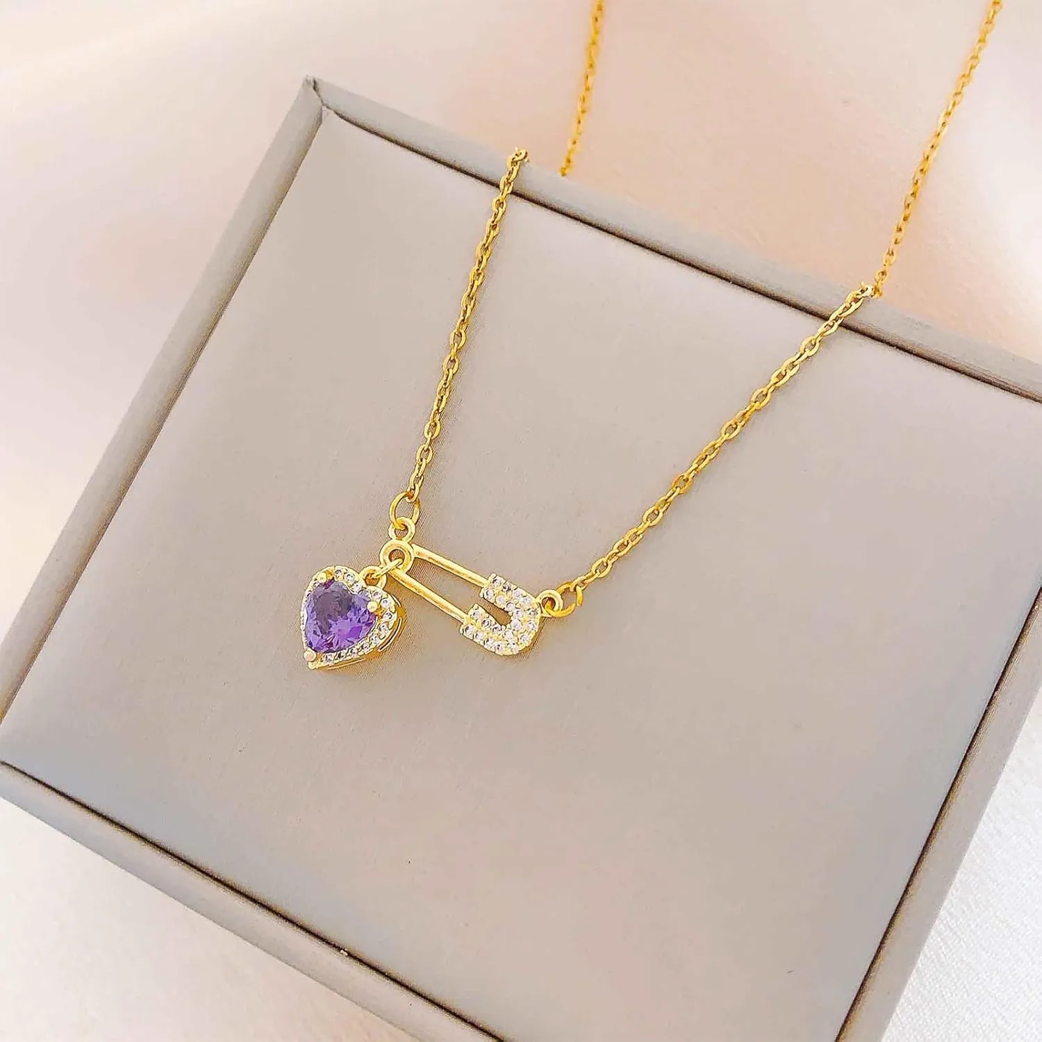 Choistily Safety Pin Necklace Birthstone for Women - Gold Pendant Dainty Necklace for January March June - Gifts for Women