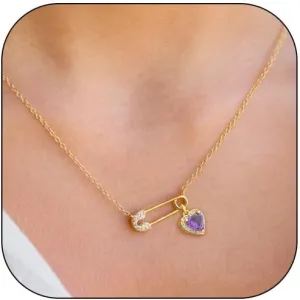 Choistily Safety Pin Necklace Birthstone for Women - Gold Pendant Dainty Necklace for January March June - Gifts for Women