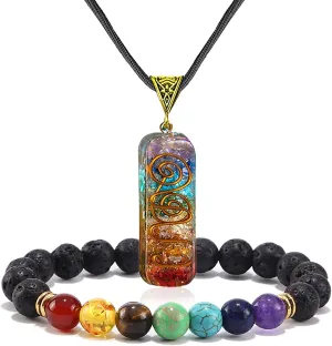 COLORFUL BLING Healing Crystals Gemstone Chakra Om Symbol Pendant Necklace Lava Rock Bracelet Set Prosperity Reiki Wealth Money Fortune Positive Energy Quartz Yoga Meditation Jewelry for Women Men