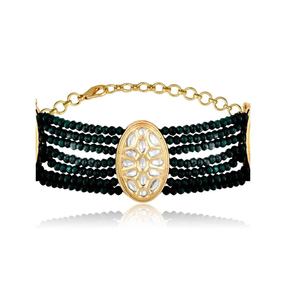 Curio Cottage Meira Green Coloured Stones Embellished with Kundan Choker Necklace Set