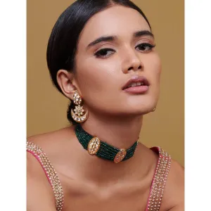 Curio Cottage Meira Green Coloured Stones Embellished with Kundan Choker Necklace Set