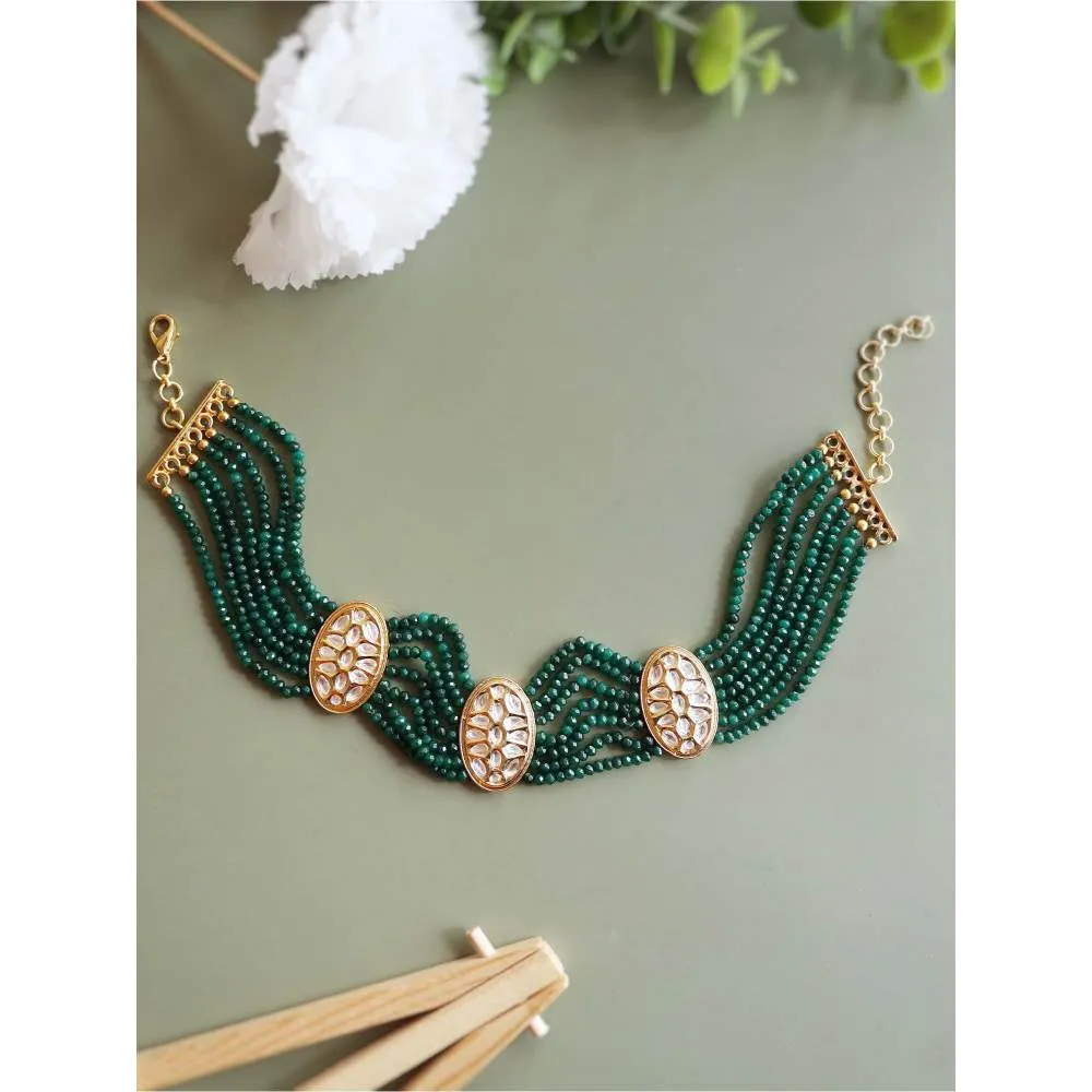 Curio Cottage Meira Green Coloured Stones Embellished with Kundan Choker Necklace Set