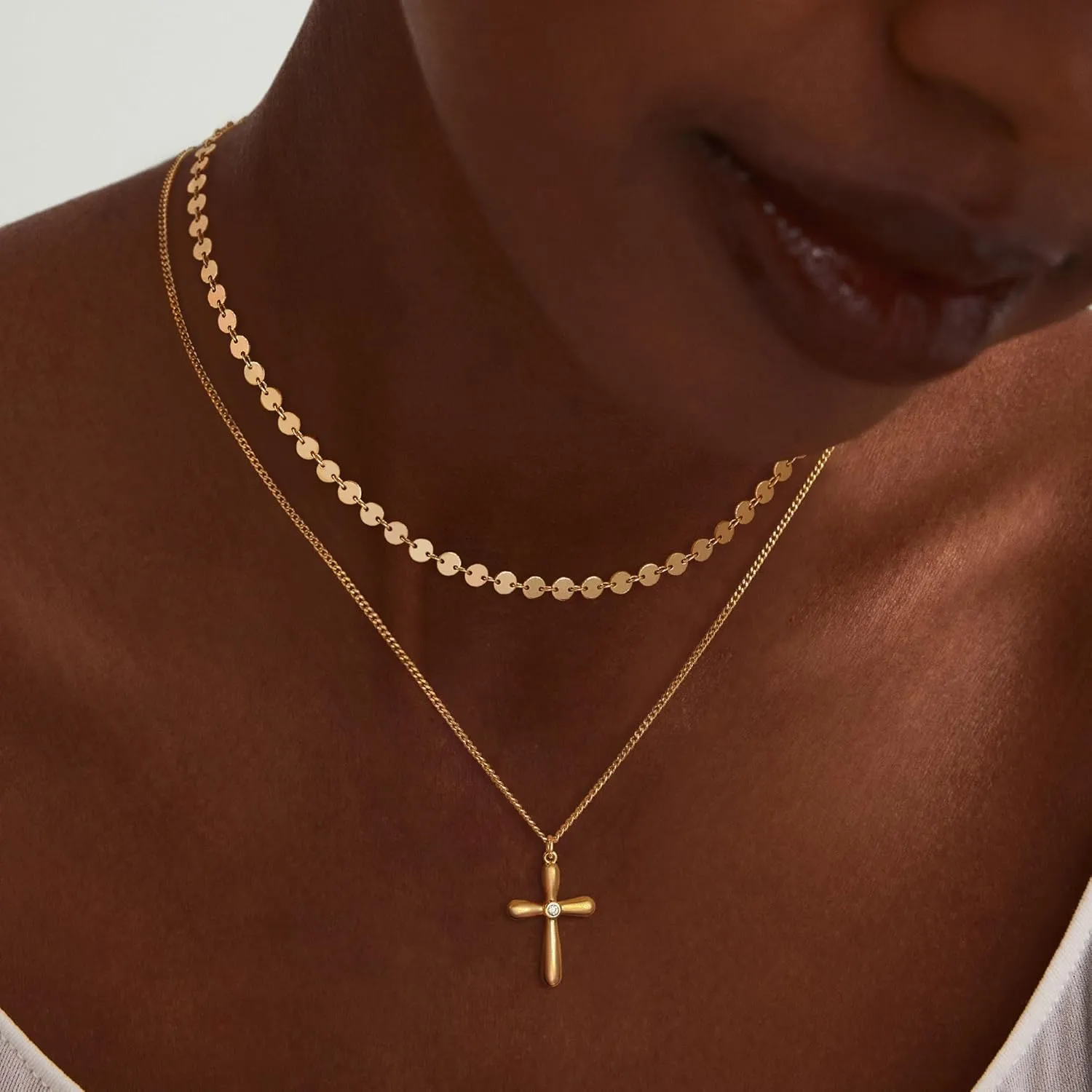 Dremmy Studios Dainty Gold Choker Necklace for Women 14K Gold Plated Coin Disc Figaro Layered Beaded Flat Mariner Sideways Cross Wishbone Link Clavicle Necklaces