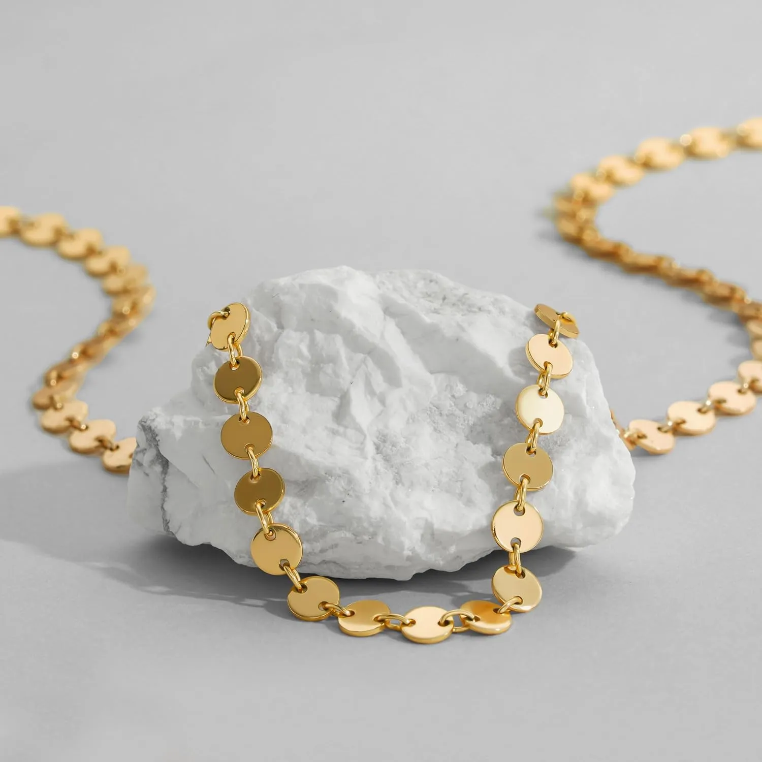 Dremmy Studios Dainty Gold Choker Necklace for Women 14K Gold Plated Coin Disc Figaro Layered Beaded Flat Mariner Sideways Cross Wishbone Link Clavicle Necklaces