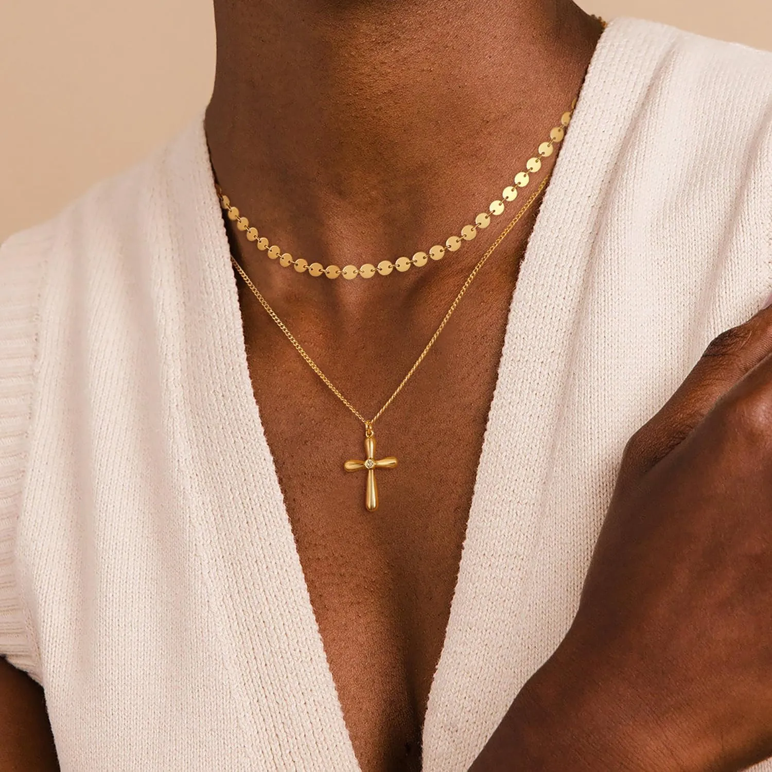 Dremmy Studios Dainty Gold Choker Necklace for Women 14K Gold Plated Coin Disc Figaro Layered Beaded Flat Mariner Sideways Cross Wishbone Link Clavicle Necklaces