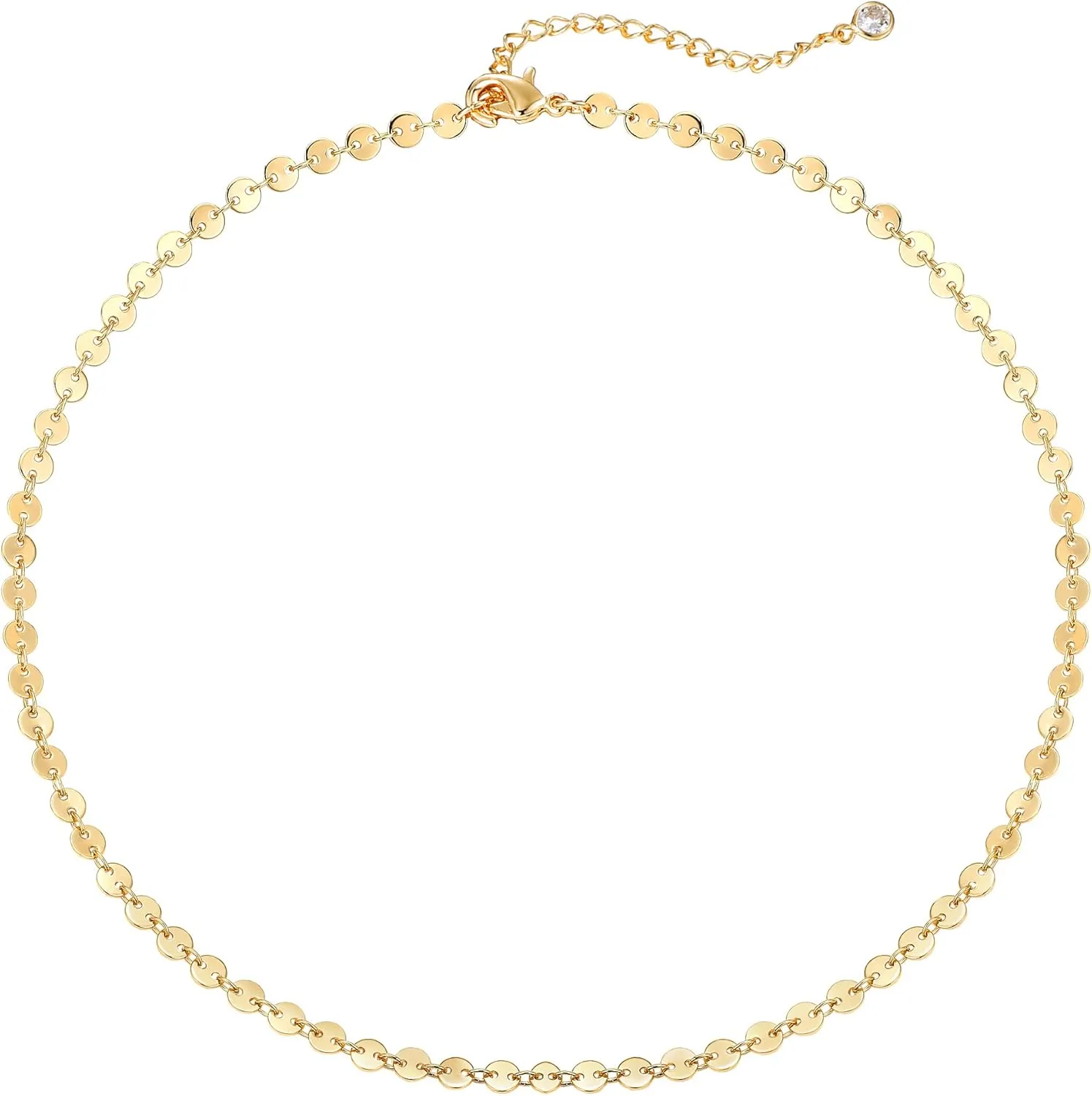 Dremmy Studios Dainty Gold Choker Necklace for Women 14K Gold Plated Coin Disc Figaro Layered Beaded Flat Mariner Sideways Cross Wishbone Link Clavicle Necklaces