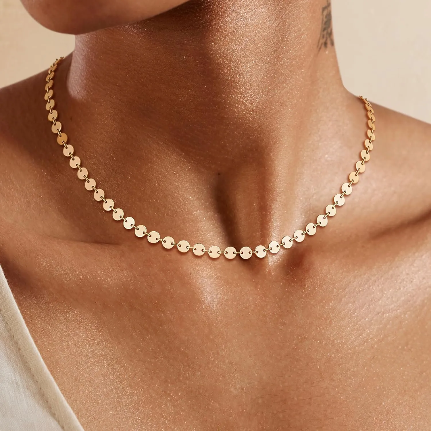 Dremmy Studios Dainty Gold Choker Necklace for Women 14K Gold Plated Coin Disc Figaro Layered Beaded Flat Mariner Sideways Cross Wishbone Link Clavicle Necklaces