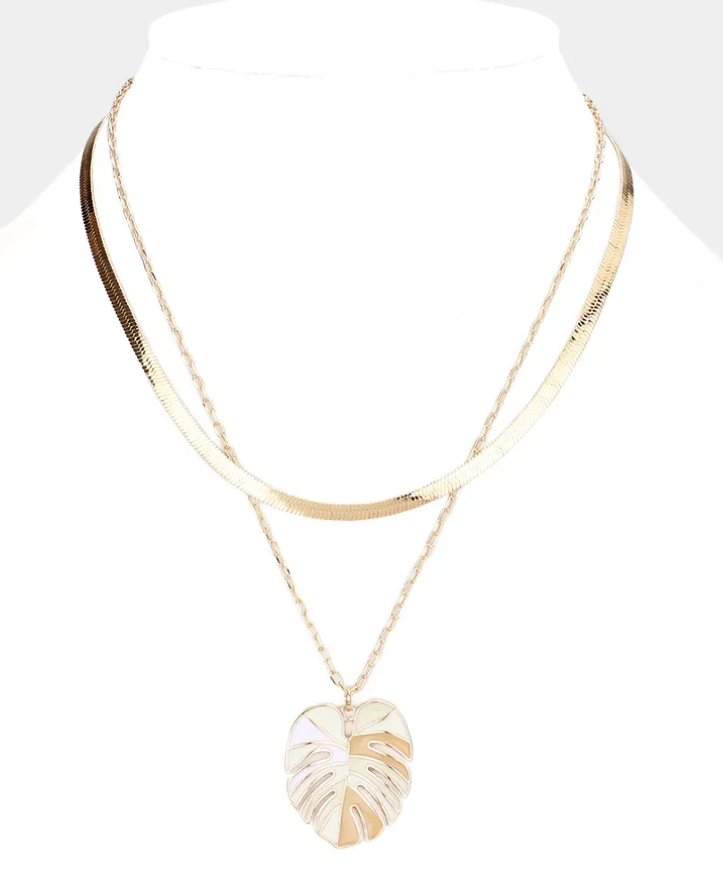Double-Layered Tropical Leaf Pendant Necklace with Enamel Detailing
