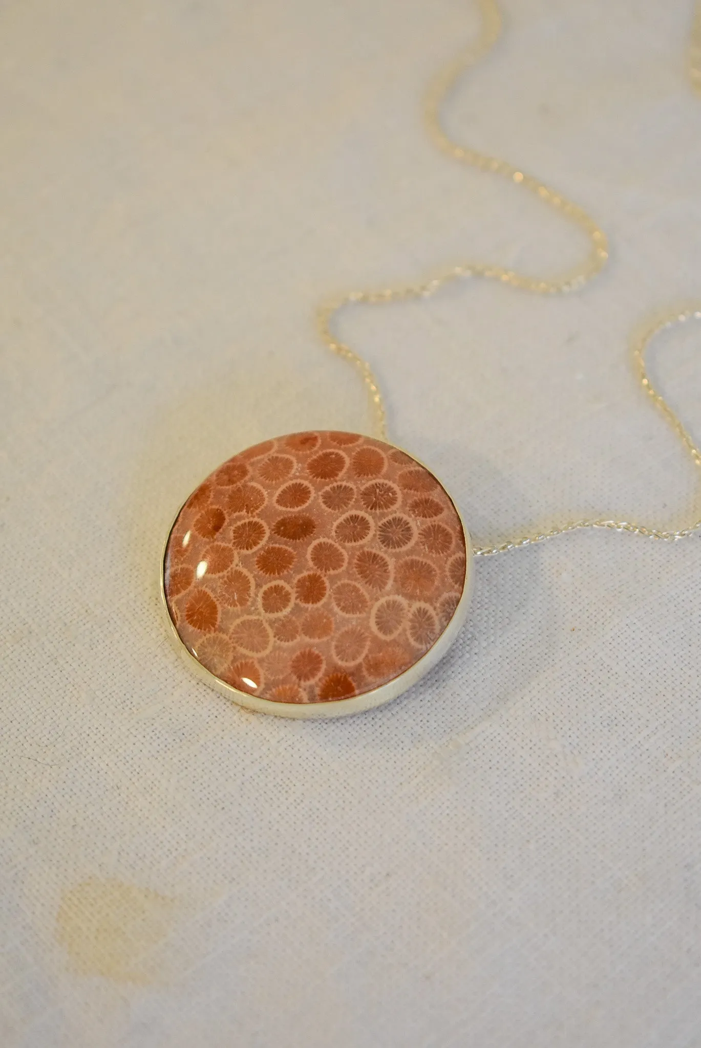 Fossilized coral set in silver snake chain necklace