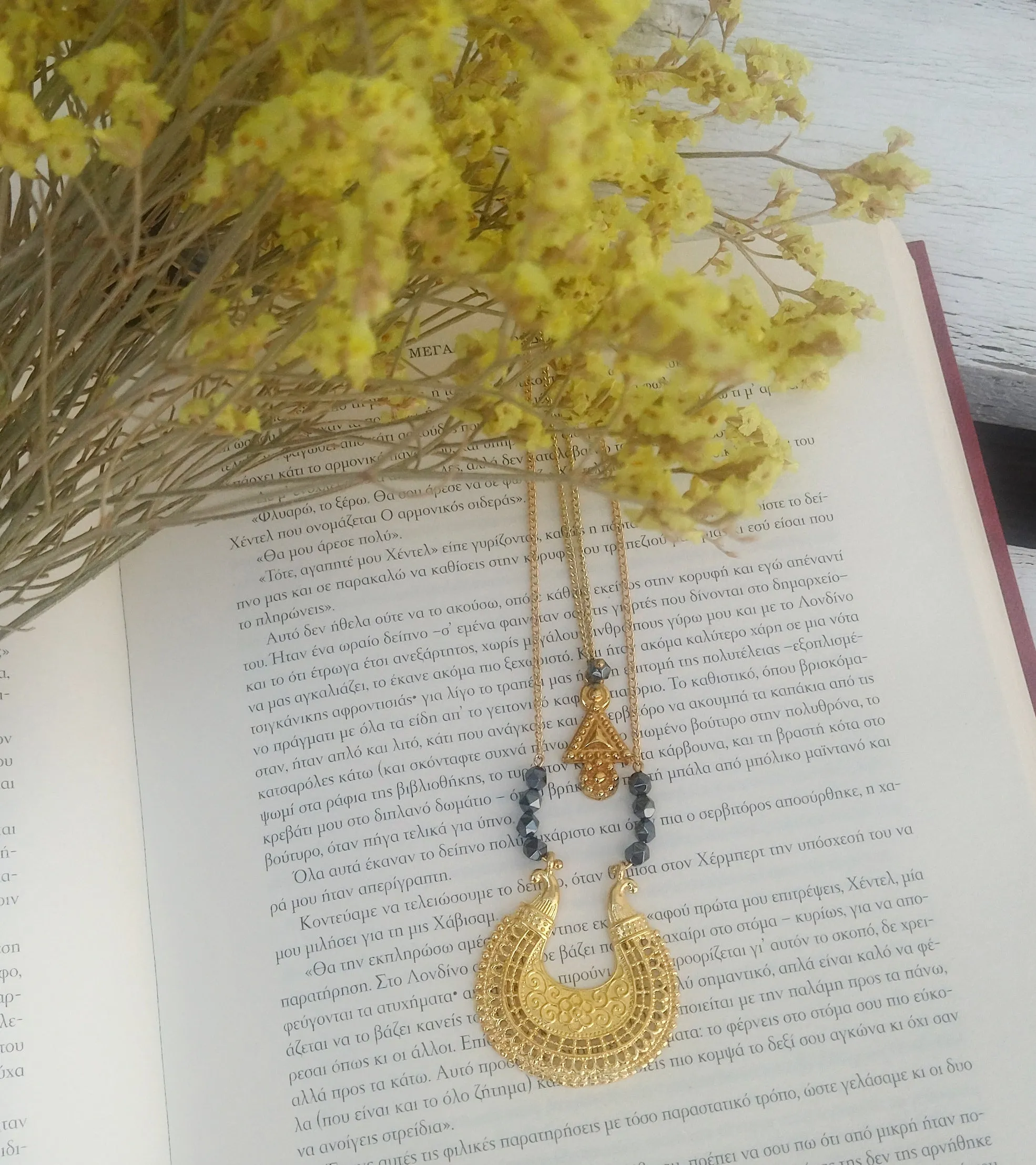 Layered Gold Necklace Set, Hematite Necklace, Extra Long Gold Necklace