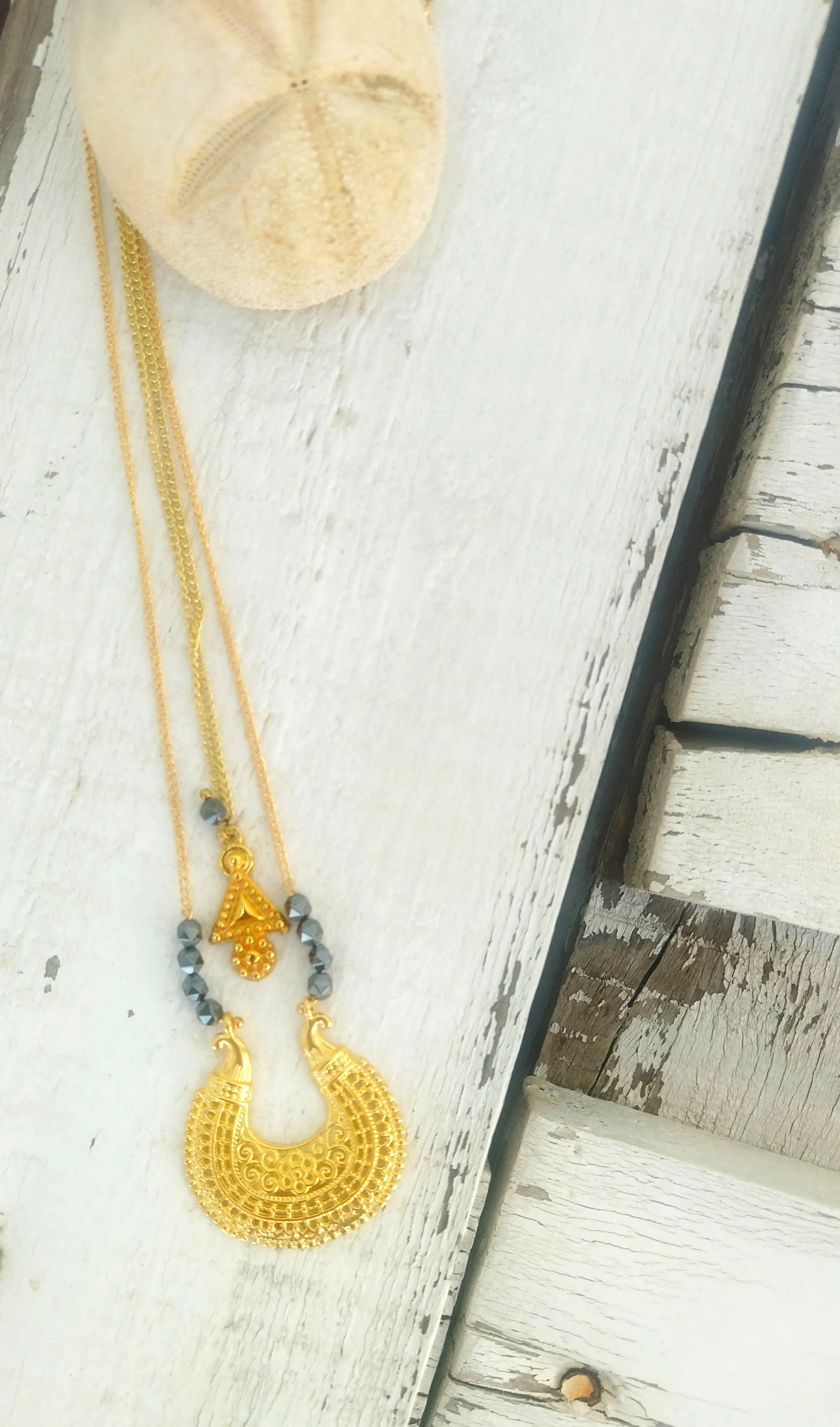 Layered Gold Necklace Set, Hematite Necklace, Extra Long Gold Necklace