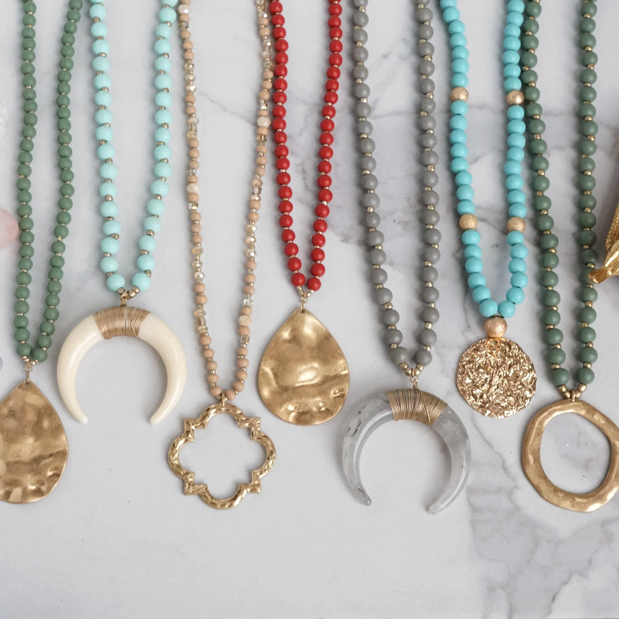 Long Wooden Bead Necklace with gold coin - turquoise