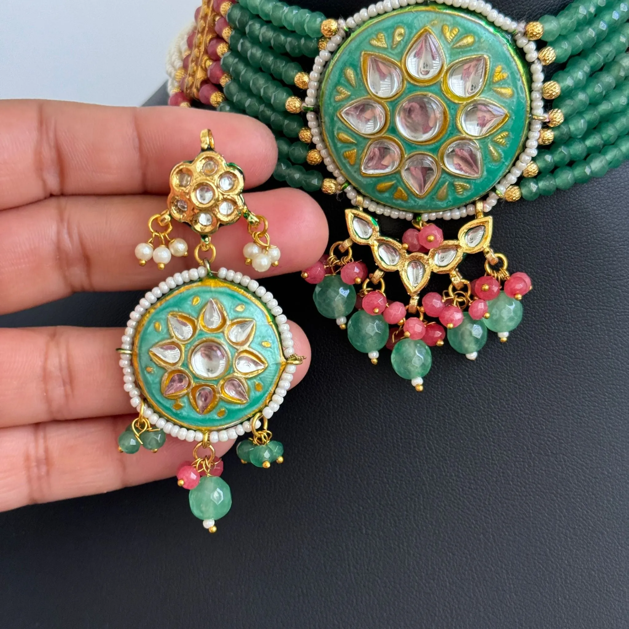 Multi Green Jadau Kundan Choker and Earring Set
