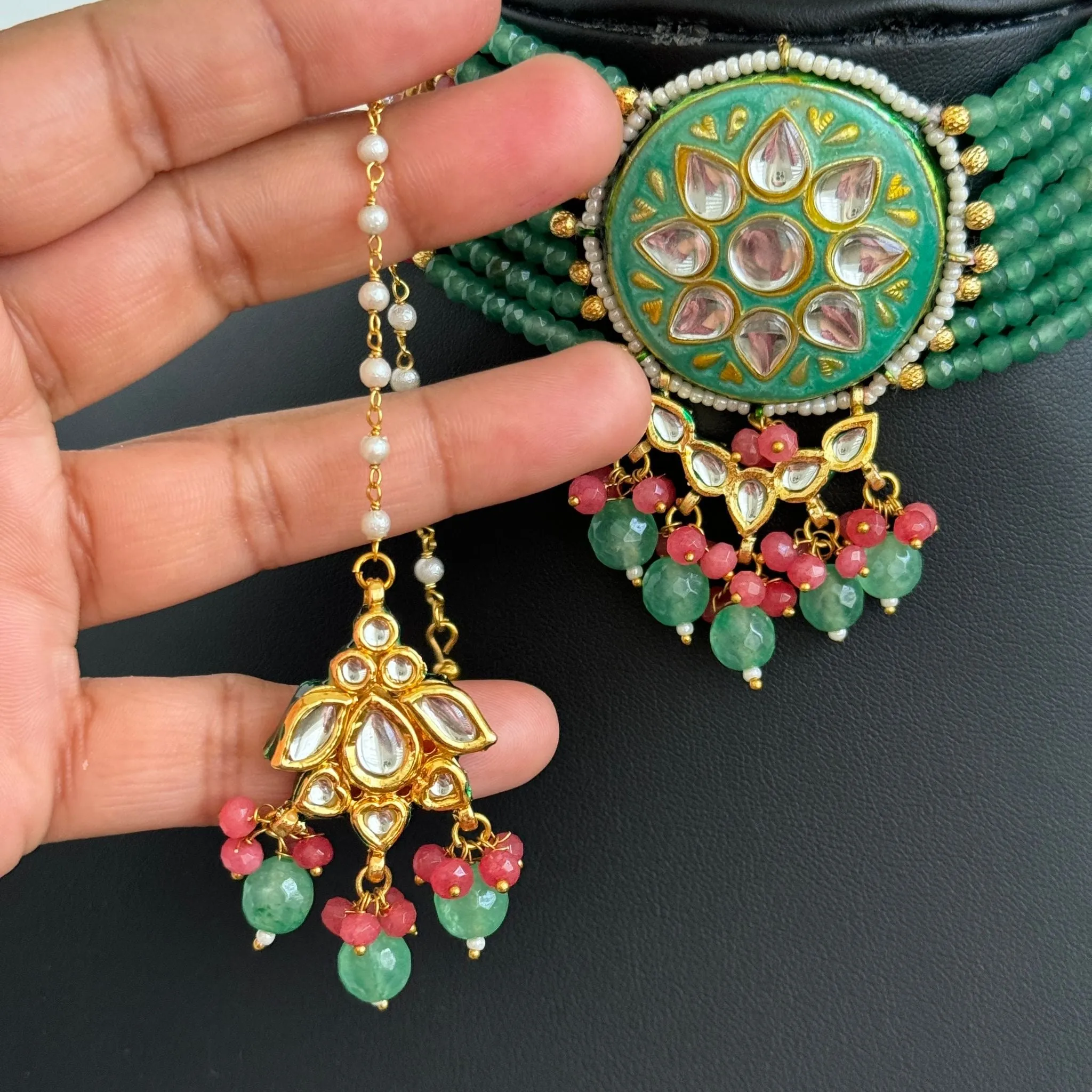 Multi Green Jadau Kundan Choker and Earring Set