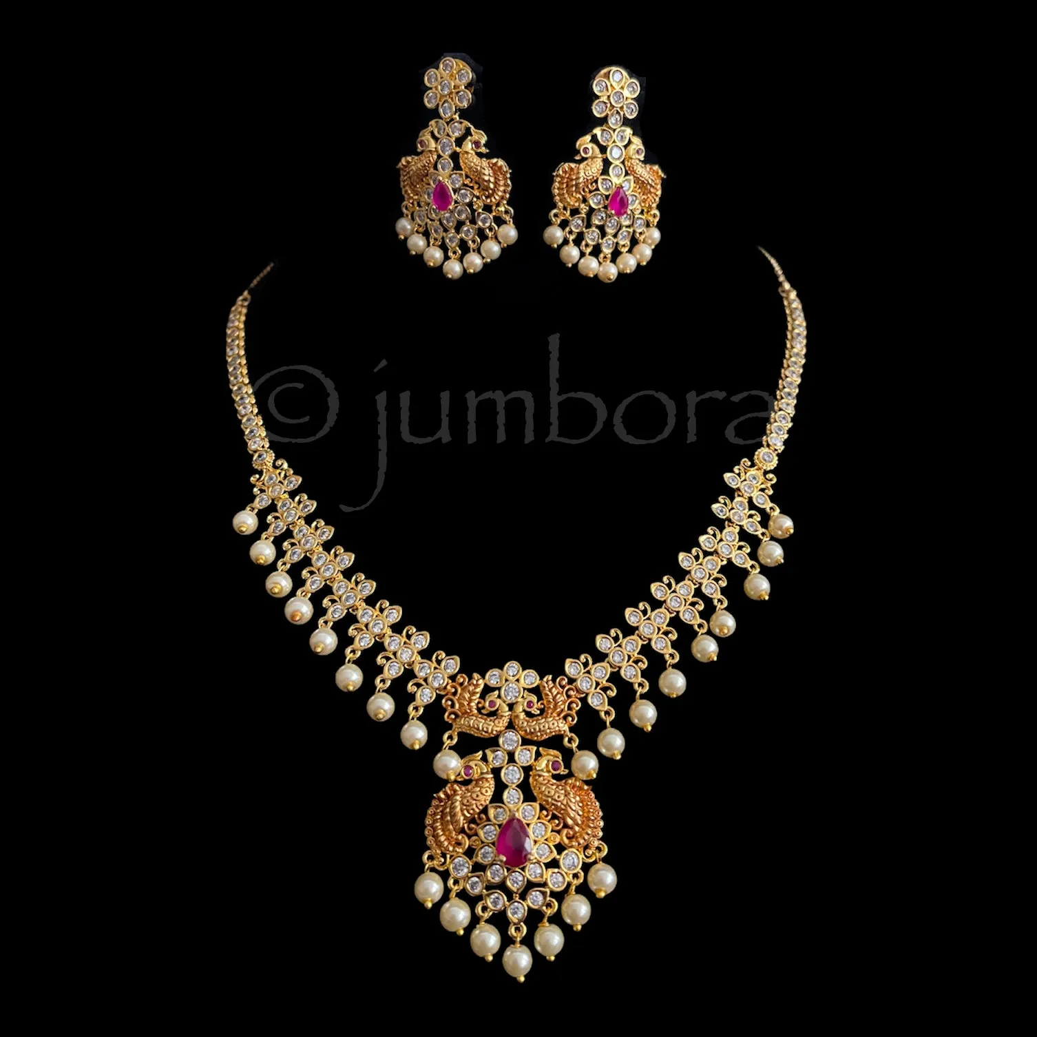 Peacock & Pearl AD (CZ) Zircon Necklace Set