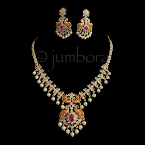 Peacock & Pearl AD (CZ) Zircon Necklace Set