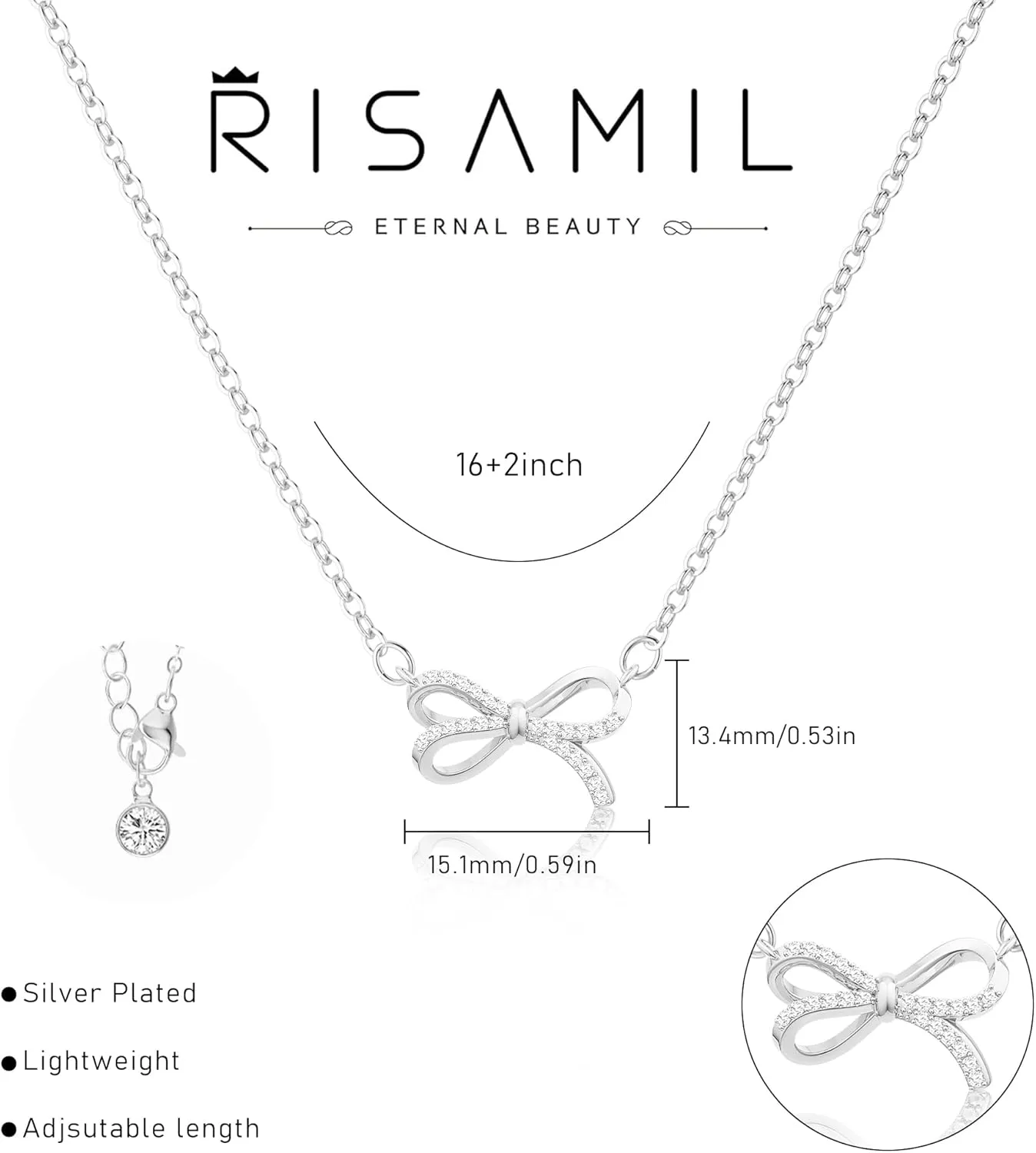 Silver Necklace for Women - Cute Bow Necklace Dainty Silver Necklace Cubic Zirconia Bow Pendant Necklace Chain Choker Necklaces for Women Trendy Jewelry