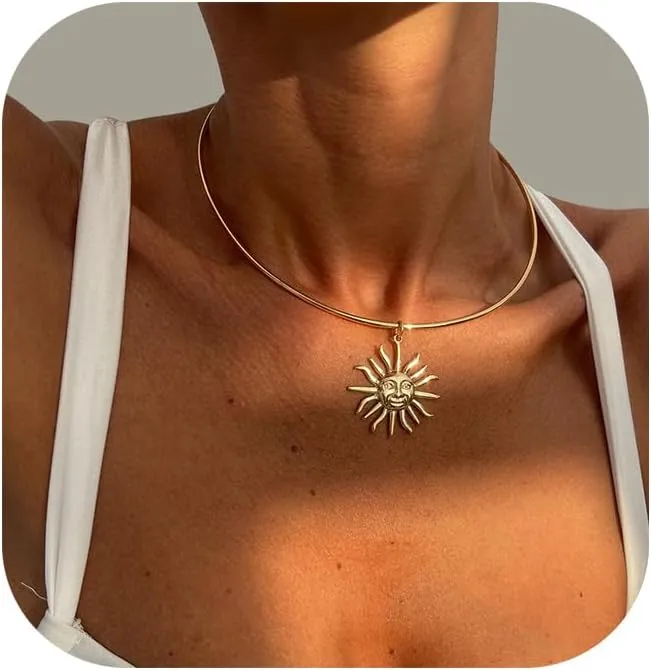 Summer Simple Metal Sunflower Pendant Collar Necklace Round Cuff Necklace Adjustable Bikini Clavicle Chain Jewelry Festival Statement Choker for Women