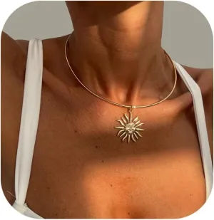 Summer Simple Metal Sunflower Pendant Collar Necklace Round Cuff Necklace Adjustable Bikini Clavicle Chain Jewelry Festival Statement Choker for Women