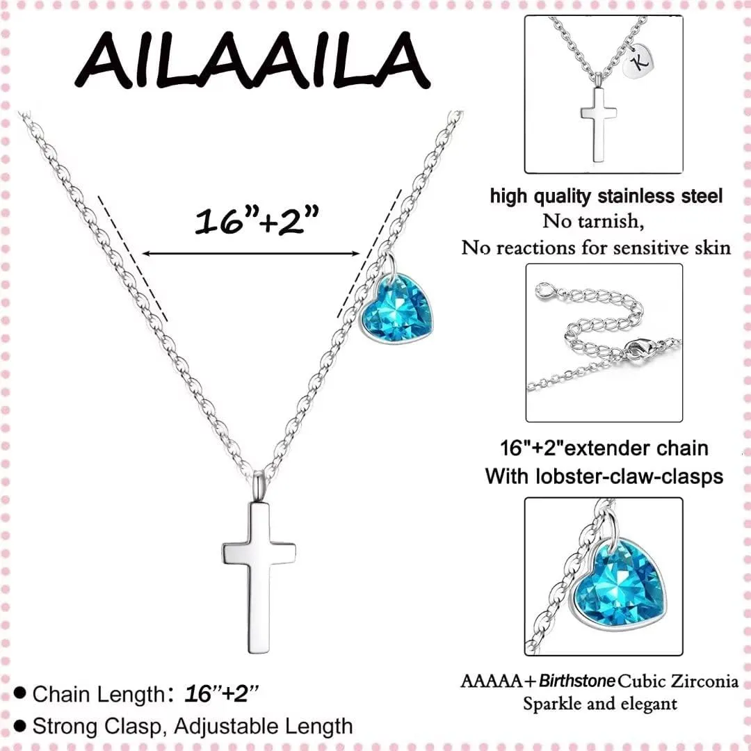 Tiny Cross Necklace for Girls | Heart Initial Necklace Women| Heart Birthstone Necklace | Letter Stainless Steel Pendant Jewelry First Communion Baptism Gifts Christmas Birthday Gifts