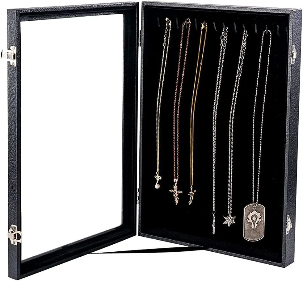 Vertical Necklace Holder Organizer,Necklace Storage,Necklace Organizer Box,Jewelry Tray with Glass Lid (Black Velvet)