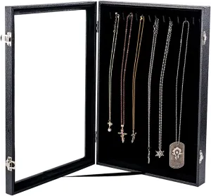 Vertical Necklace Holder Organizer,Necklace Storage,Necklace Organizer Box,Jewelry Tray with Glass Lid (Black Velvet)