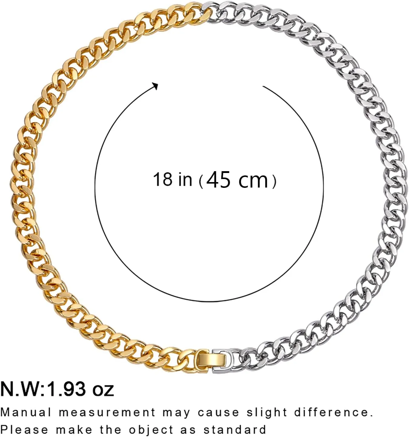WOWORAMA Two Tone Gold Silver Cuban Link Chain Necklace Choker Unisex Chunky Chain Choker Necklace for Women Men, 18"