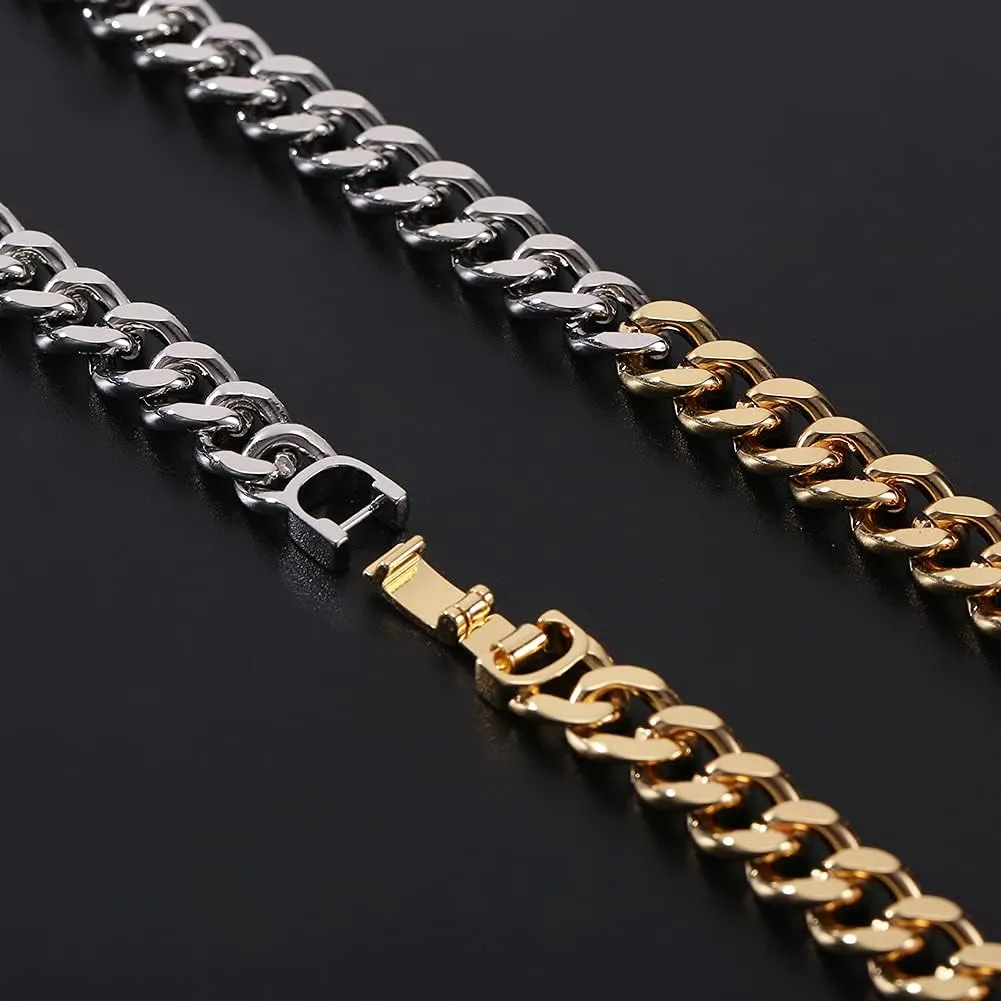 WOWORAMA Two Tone Gold Silver Cuban Link Chain Necklace Choker Unisex Chunky Chain Choker Necklace for Women Men, 18"