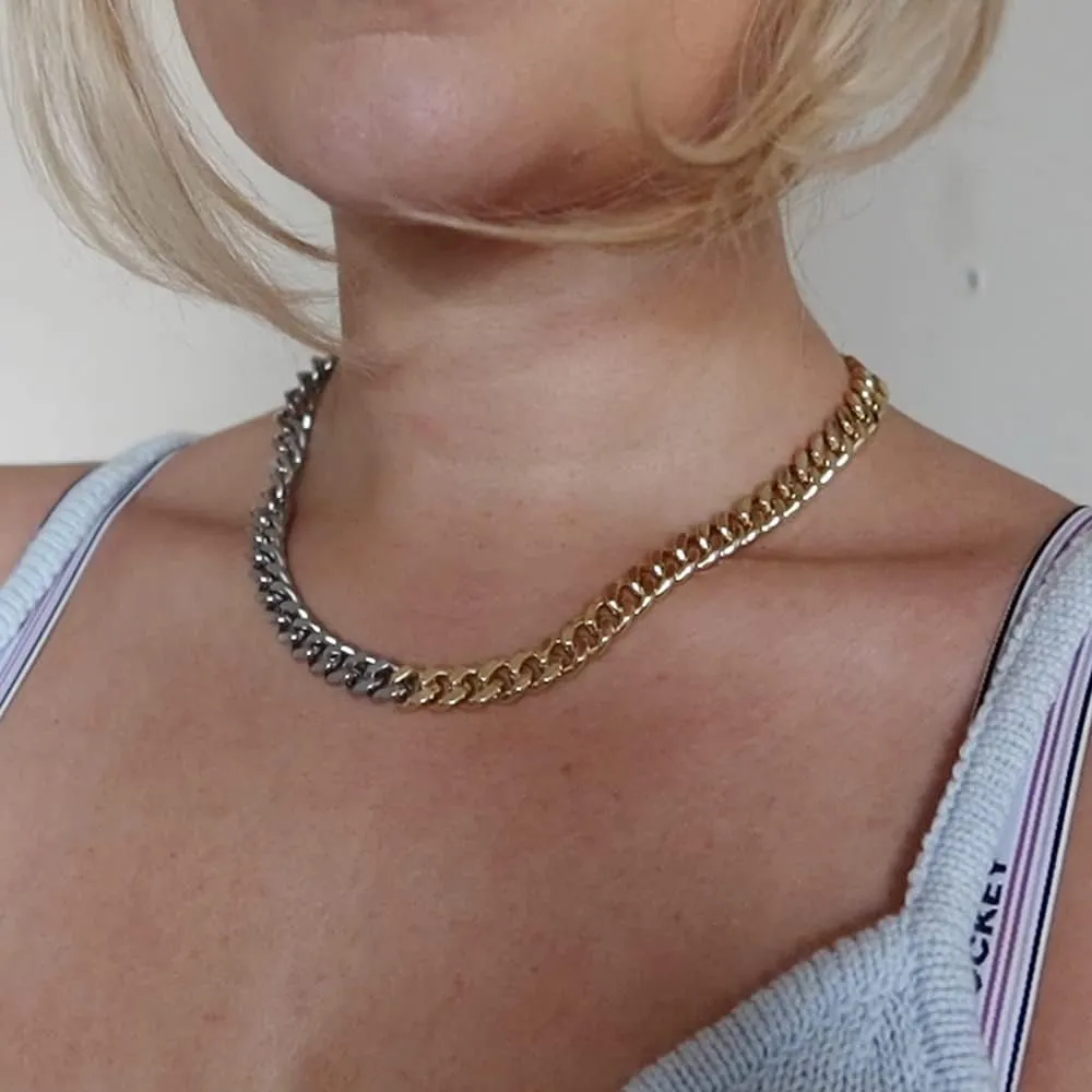 WOWORAMA Two Tone Gold Silver Cuban Link Chain Necklace Choker Unisex Chunky Chain Choker Necklace for Women Men, 18"